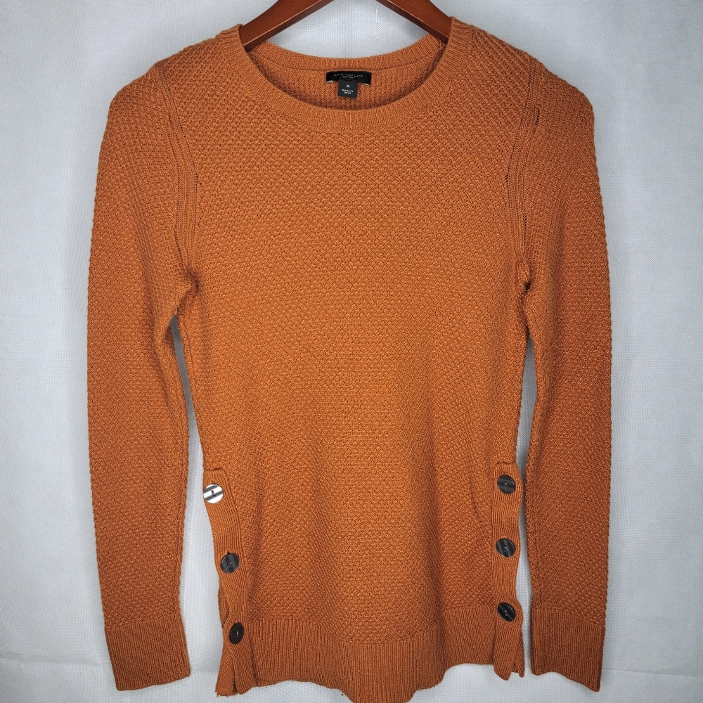 Ann Taylor Factory Top Rust Waffle Knit Tunic Button Sides Long Sleeve Pullover